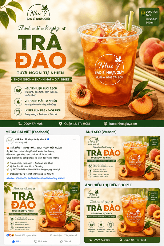 Trà đào cam sả 500ml bán mang đi với ly nhựa PET lùn D98 | Tổng kho phân phối đồ dùng 1 lần 1lan.vn
