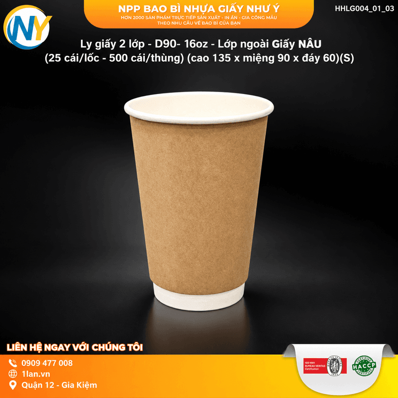 Ly giấy 2 lớp - D90- 16oz - Lớp ngoài Giấy NÂU (25 cái/lốc - 500 cái/thùng) (cao 135 x miệng 90 x đáy 60)(S) | LY GIẤY | Mã HHLG004_01_03