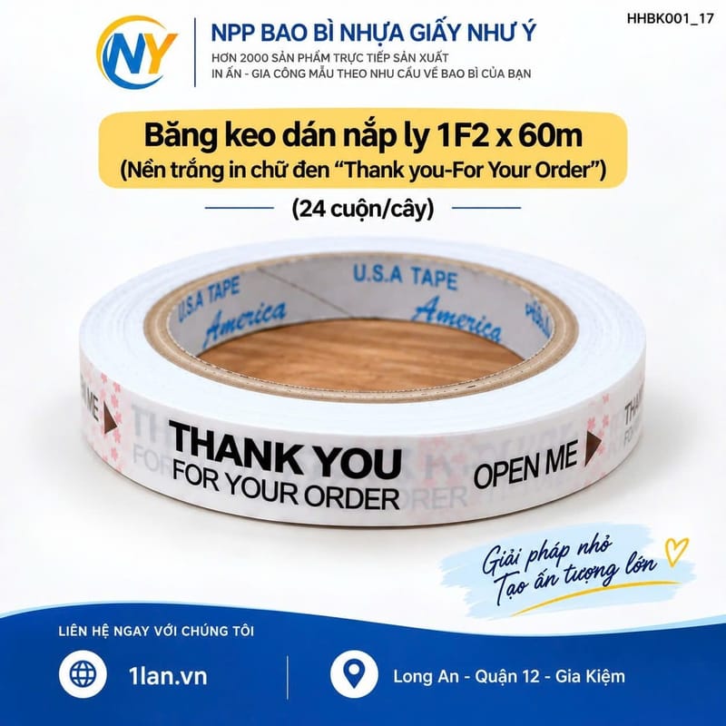 Băng keo dán nắp ly 1F2 x60m (Nền trắng in chữ đen "Thank you-For Your Order") -(25 cuộn/cây) | BĂNG KEO - MÀNG BỌC TP - DÂY THUN - GIẤY IN | Mã HHBK001_17
