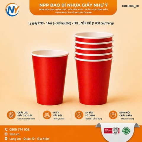 Ly giấy D90 - 14oz (~360ml)(260)  - FULL NỀN ĐỎ  (1.000 cái/thùng) | LY GIẤY | Mã HHLG006_30 | Tổng kho phân phối đồ dùng 1 lần 1lan.vn