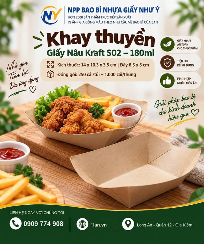 Khay thuyền Giấy Nâu Kraft S02 (Ngang 14 x Rộng 10.3 x Cao 3.5 x Đáy 8.5x5) (~180ml) (250 cái/túi - 1.000 cái/ thùng)