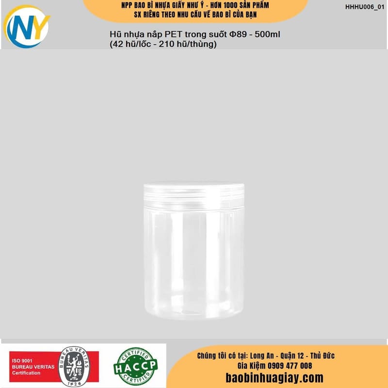 Hũ nhựa cao cấp 500ml Lùn - Nắp phi 89 (Nắp riêng: Nắp Đen/ Nắp PP Trong) (24 hũ/lốc - 240 hũ/kiện) | HŨ NHỰA - CHAI NHỰA | Mã HHHU004_11