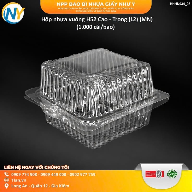 Hộp nhựa vuông H52 Cao - Trong (L2) (MN) (1.000 cái/bao) | HỘP NHỰA TRONG ĐỰNG BÁNH - MỨT | Mã HHN034_03