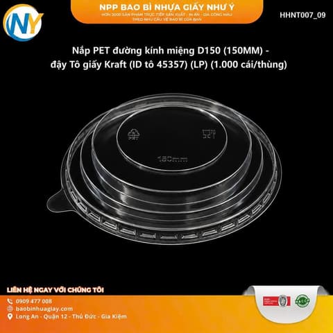 Nắp PET đường kính miệng D150 (150MM) - đậy Tô giấy Kraft  (ID tô 45357) (LP) (1.000 cái/thùng) | NẮP TÔ GIẤY | Mã HHNT007_09 | Tổng kho phân phối đồ dùng 1 lần 1lan.vn