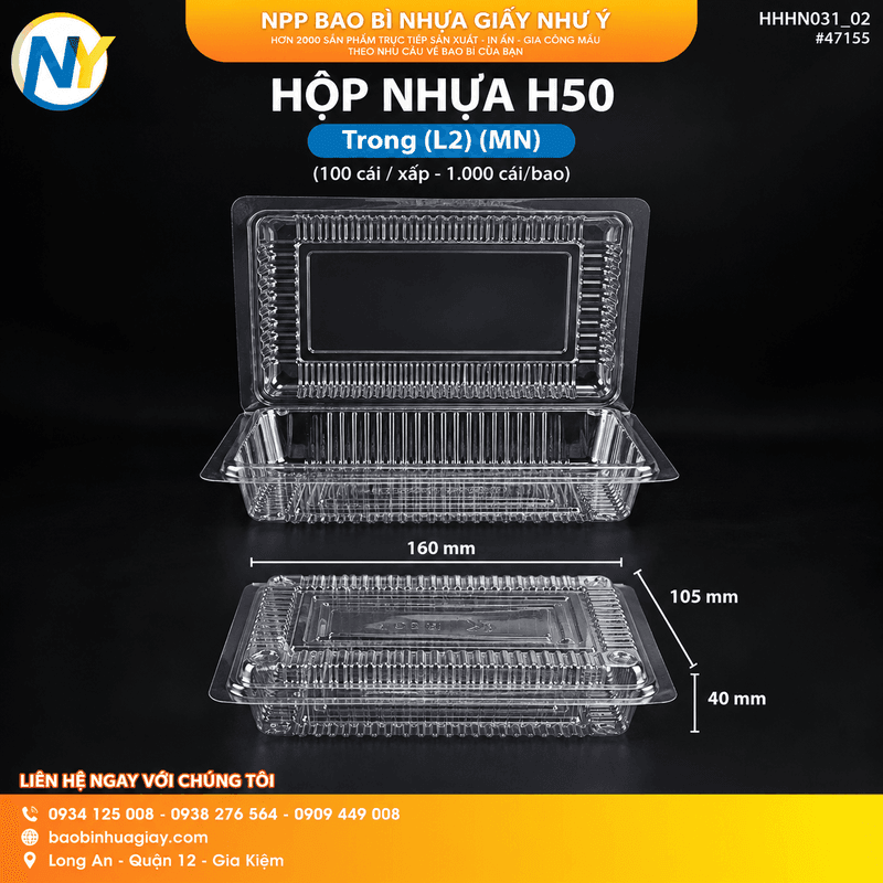 Hộp nhựa PET Trong H50 (Ngang x Rộng x Cao) (L2) (MN) (100 cái/xấp - 1.000 cái/bao) | HỘP NHỰA TRONG ĐỰNG BÁNH - MỨT | Mã HHHN031_02