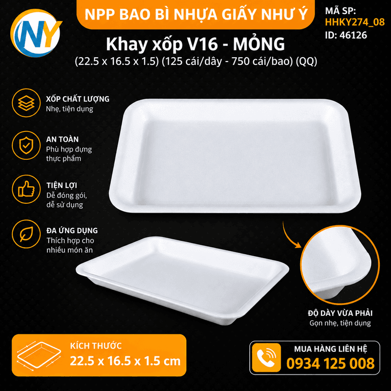 Khay xốp V16 - MỎNG (22.5x16.5x1.5) (125 cái/dây - 750 cái/bao)(QQ) | KHAY XỐP | Mã HHKY274_08