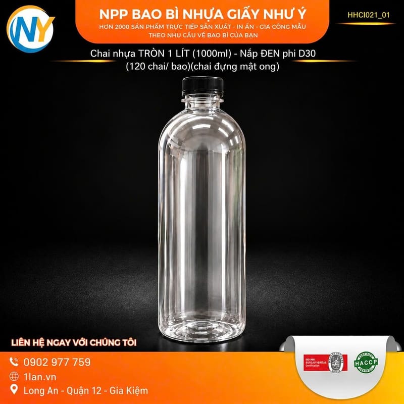 Chai nhựa TRÒN 1 LÍT (1000ml) -Nắp ĐEN phi D30 (120 chai/ bao)(chai đựng mật ong) | HŨ NHỰA - CHAI NHỰA | Mã HHCI021_01