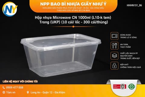 Hộp nhựa Microwave CN 1000ml (L10-k tem) - Trong (UKP) (10 cái/ lốc - 300 cái/thùng) | HỘP NHỰA VUÔNG | Mã HHHN151_06 | Tổng kho phân phối đồ dùng 1 lần 1lan.vn