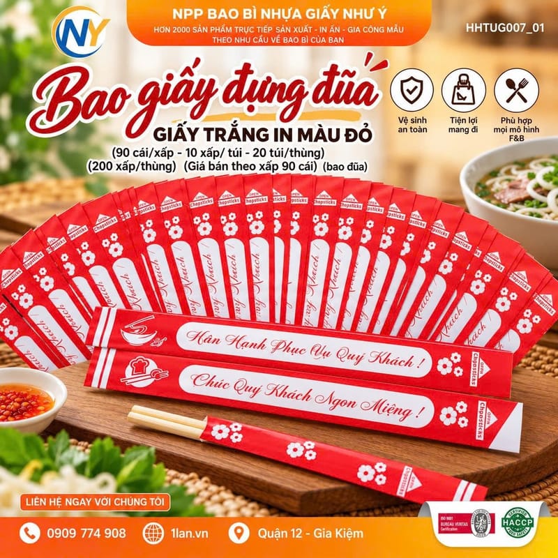 Bao giấy đựng đũa - Giấy trắng In màu đỏ (90 cái/xấp - 10 xấp/ túi - 20 túi/thùng) (200 xấp/thùng) (Giá bán theo xấp 90 cái)(bao đũa) | KHĂN GIẤY - KHĂN ĂN - GIẤY VỆ SINH - GIẤY RÚT | Mã HHTUG007
