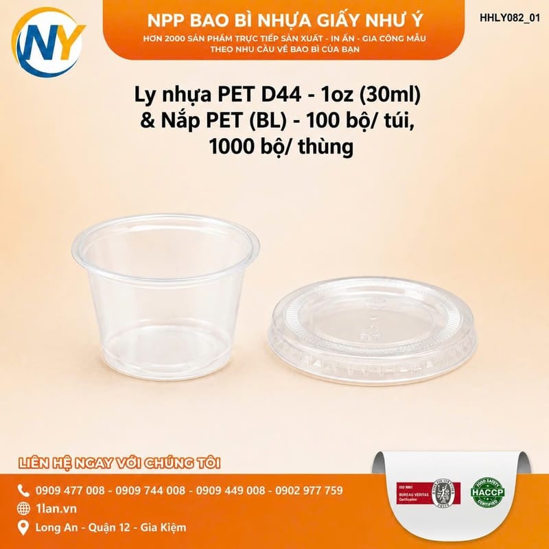 Ly nhựa PET D44 - 1oz (30ml) & Nắp PET (BL) - 100 bộ/ túi, 1000 bộ/ thùng | HỘP SỐT - HŨ ĐỰNG TOPPING - HŨ TƯƠNG - CHÉN TƯƠNG | Mã HHLY082_01