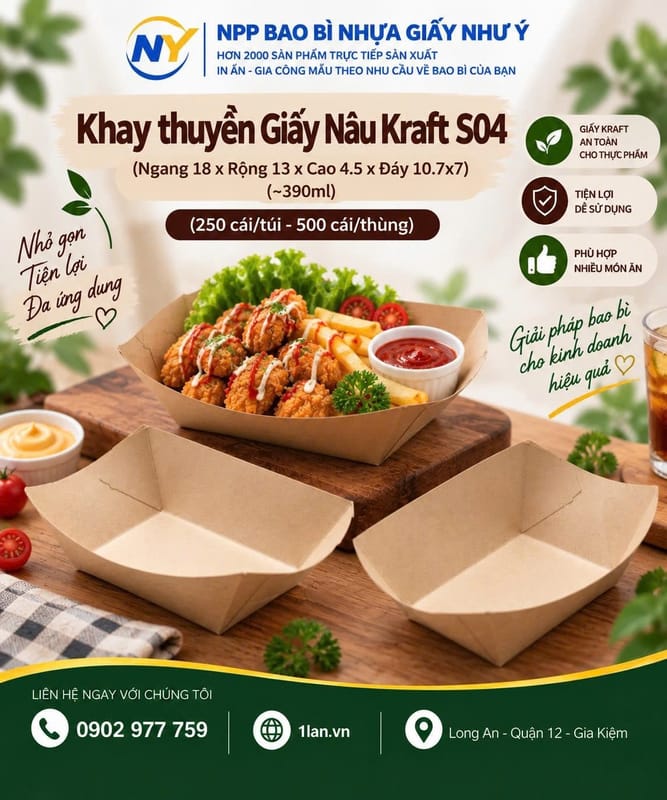 Khay thuyền Giấy Nâu Kraft S04 (Ngang 18 x Rộng 13 x Cao 4.5 x Đáy 10.7x7) (~390ml) (250 cái/túi - 500 cái/thùng)