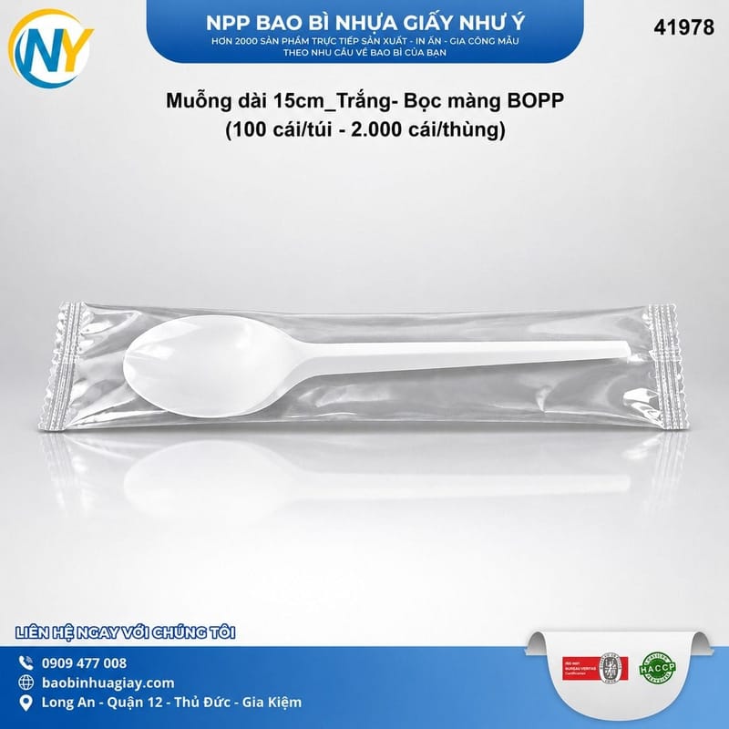 Muỗng dài 15cm Trắng- Bọc màng BOPP (100 cái/túi - 2.000 cái/thùng)