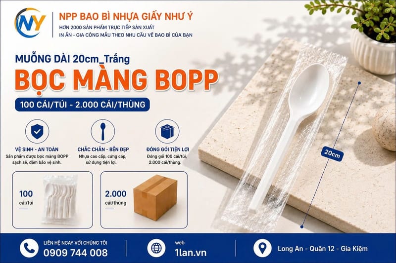 Muỗng dài 20cm Trắng- Bọc màng BOPP (100 cái/túi - 2.000 cái/thùng) | ĐŨA - MUỖNG - DAO - NĨA - XIÊN - TĂM - COMBO Muỗng | Mã HHMG027_02