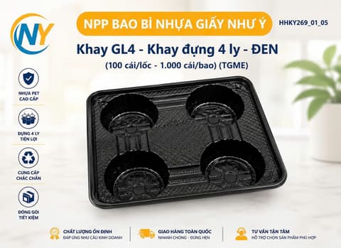 Khay GL4 - Khay đựng 4 ly - ĐEN (100 cái/lốc - 1.000 cái/bao) (TGME) | KHAY NHỰA - KHAY LY - GIẤY CHỐNG TRÀN - TÚI ĐỰNG LY - TÚI T | Mã HHKY269_01_05 | Tổng kho phân phối đồ dùng 1 lần 1lan.vn