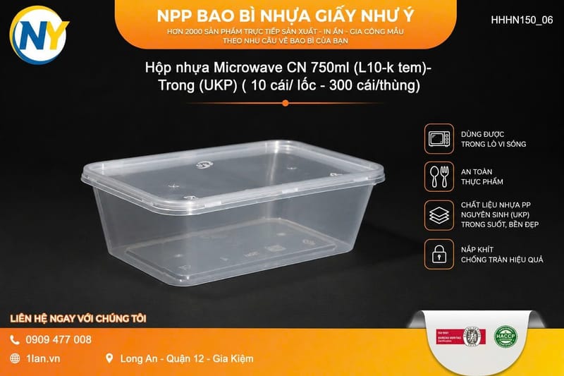 Hộp nhựa Microwave CN 750ml (L10-k tem)- Trong (UKP) ( 10 cái/ lốc - 300 cái/thùng) | HỘP NHỰA VUÔNG | Mã HHHN150_06