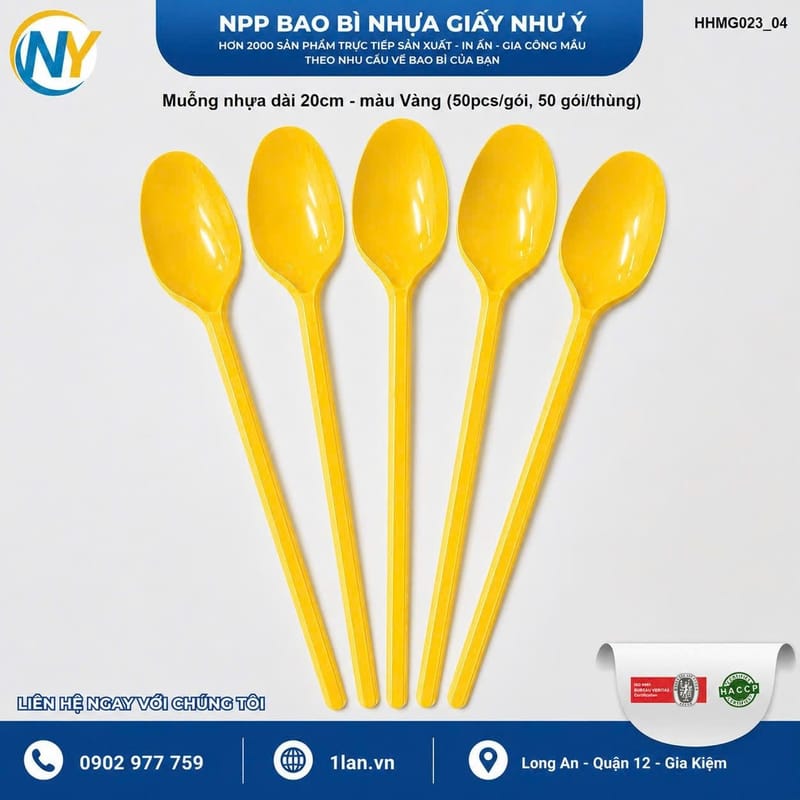 Muỗng nhựa dài 20cm - màu Vàng (50pcs/gói, 50 gói/thùng) | ĐŨA - MUỖNG - DAO - NĨA - XIÊN - TĂM - COMBO Muỗng | Mã HHMG023_04