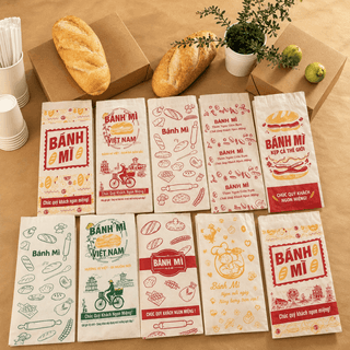 Túi giấy bánh mì - Mix nhiều mẫu in sẵn (100 cái/xấp - 5.000 cái/thùng) (Giấy Kraft Trắng Và Nâu Nhật mịn,đẹp)