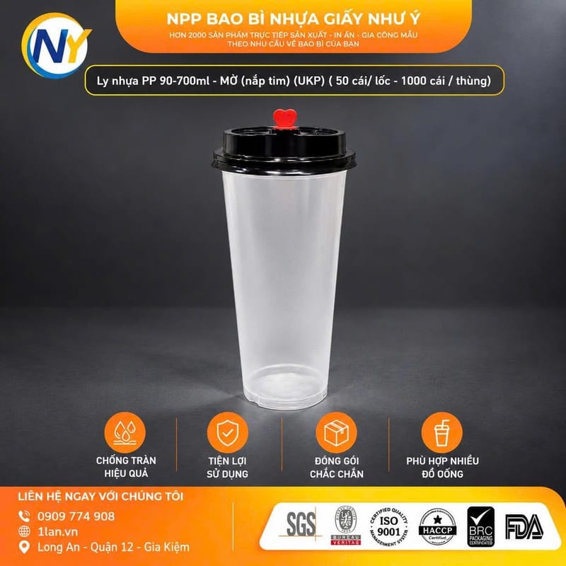 Ly nhựa PP 90-700ml - MỜ (nắp tim) (UKP) ( 50 cái/ lốc - 1000 cái / thùng) | LY NHỰA PP | Mã HHLY090_01