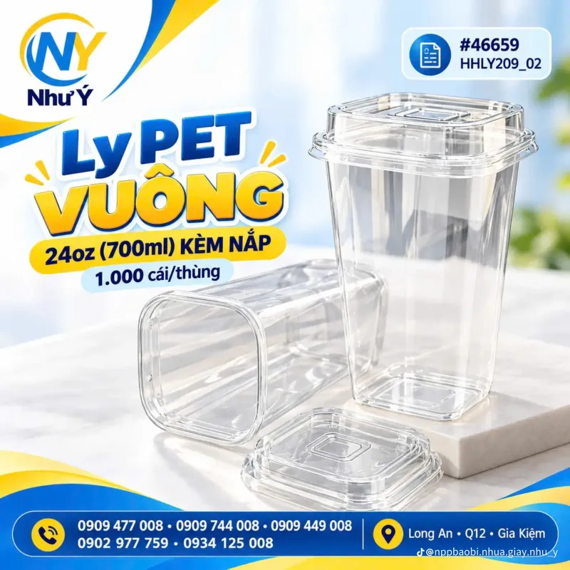 Ly nhựa PET VUÔNG 93-24oz (700ml) (NHẬP KHẨU) + NẮP VUÔNG (1.000 cái/thùng) | LY NHỰA CỨNG - LY ĐỘC LẠ - LY TRENDING | Mã HHLY209_02