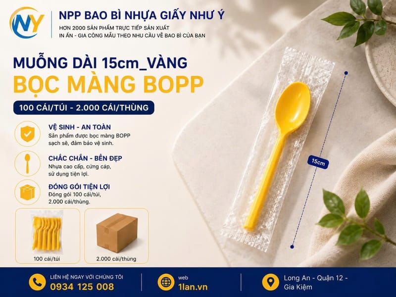Muỗng dài 15cm Vàng- Bọc màng BOPP (100 cái/túi - 2.000 cái/thùng) | ĐŨA - MUỖNG - DAO - NĨA - XIÊN - TĂM - COMBO Muỗng | Mã HHMG026_03