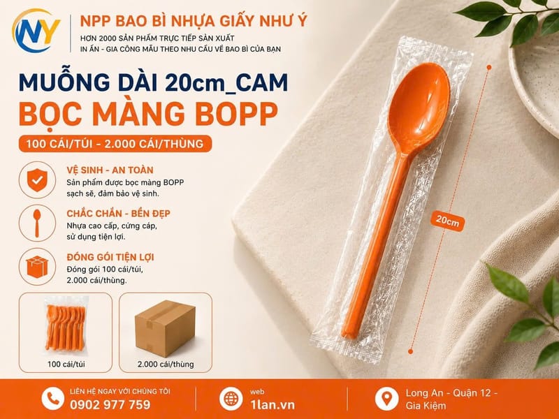 Muỗng dài 20cm Cam- Bọc màng BOPP (100 cái/túi - 2.000 cái/thùng) | ĐŨA - MUỖNG - DAO - NĨA - XIÊN - TĂM - COMBO Muỗng | Mã HHMG027_04
