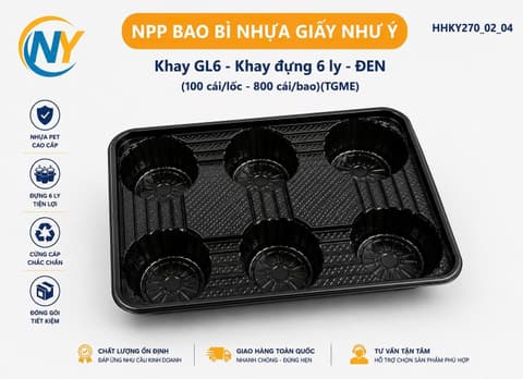 Khay GL6 - Khay đựng 6 ly - ĐEN (100 cái/lốc - 800 cái/bao)(TGME) | KHAY NHỰA - KHAY LY - GIẤY CHỐNG TRÀN - TÚI ĐỰNG LY - TÚI T | Mã HHKY270_02_04 | Tổng kho phân phối đồ dùng 1 lần 1lan.vn