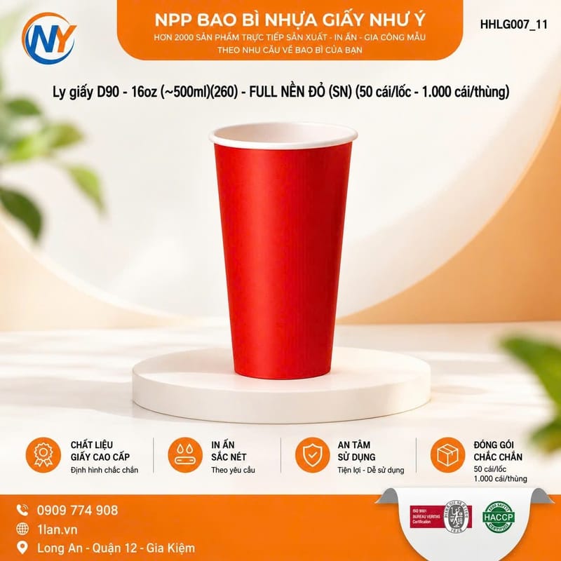 Ly giấy D90 - 16oz (~500ml)(260)  - FULL NỀN ĐỎ (SN) (50 cái/lốc - 1.000 cái/thùng) | LY GIẤY | Mã HHLG007_11