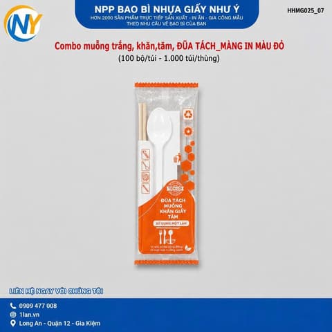 Combo muỗng trắng, khăn,tăm, ĐŨA TÁCH_MÀNG IN MÀU ĐỎ (100 bộ/túi - 1.000 túi/thùng) | Tổng kho phân phối đồ dùng 1 lần 1lan.vn