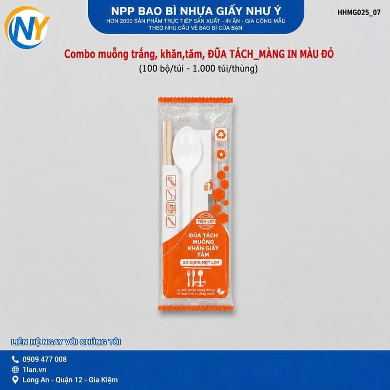 Combo 4IN1 (Muỗng, khăn giấy, tăm, đũa tách) Bọc màng IN MÀU CAM (ĐỎ) (100 bộ/túi - 1.000 túi/thùng) (đũa tách B) (Thùng dán bk vàng) | ĐŨA - MUỖNG - DAO - NĨA - XIÊN - TĂM - COMBO Muỗng | Mã HHMG025_07