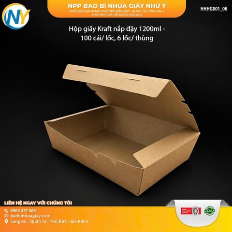 Hộp giấy Kraft nắp đậy 1200ml - 100 cái/ lốc, 6 lốc/ thùng | HỘP GIẤY - TÚI GIẤY NGÀNH BÁNH NGỌT- BÁNH MÌ - FASTFOOD - GÀ RÁN | Mã HHHG001_06 | Tổng kho phân phối đồ dùng 1 lần 1lan.vn
