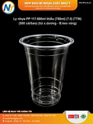 Ly nhựa PP 117-800ml thiếu (750ml) (7.5) (TTIN) (500 cái/bao) (túi x.dương - B.keo vàng) | LY NHỰA PP | Mã HHLY070_02_01 | Tổng kho phân phối đồ dùng 1 lần 1lan.vn