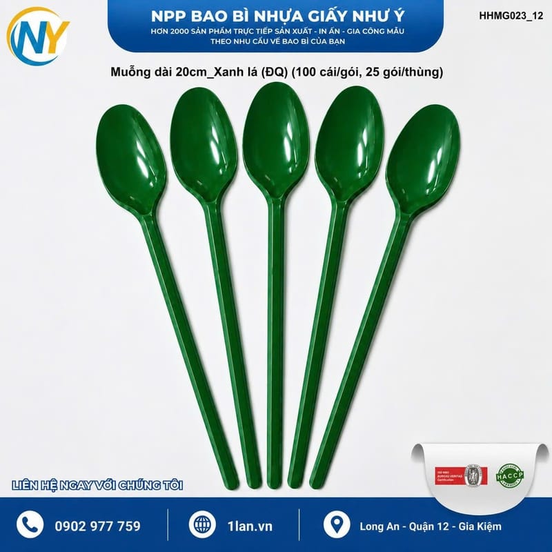 Muỗng dài 20cm Xanh lá (ĐQ) (100 cái/gói, 25 gói/thùng) | ĐŨA - MUỖNG - DAO - NĨA - XIÊN - TĂM - COMBO Muỗng | Mã HHMG023_12