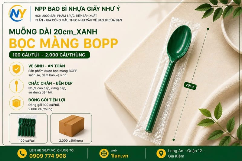 Muỗng dài 20cm Xanh- Bọc màng BOPP (100 cái/túi - 2.000 cái/thùng) | ĐŨA - MUỖNG - DAO - NĨA - XIÊN - TĂM - COMBO Muỗng | Mã HHMG027_03