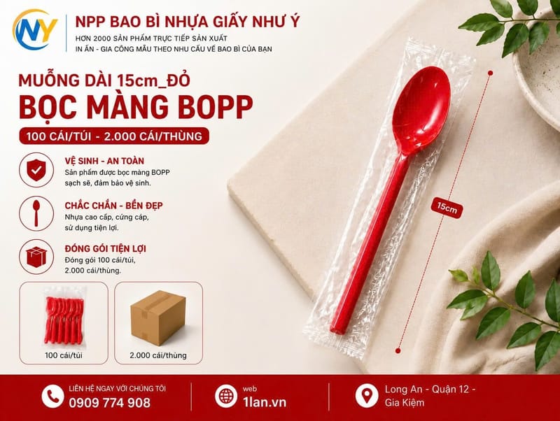 Muỗng dài 15cm Đỏ- Bọc màng BOPP (100 cái/túi - 2.000 cái/thùng) | ĐŨA - MUỖNG - DAO - NĨA - XIÊN - TĂM - COMBO Muỗng | Mã HHMG026_05