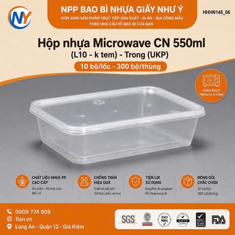 Hộp nhựa Microwave CN 550ml (L10 -k tem)- Trong (UKP) (10 bộ/lốc - 300 bộ/thùng) | HỘP NHỰA VUÔNG | Mã HHHN148_06 | Tổng kho phân phối đồ dùng 1 lần 1lan.vn