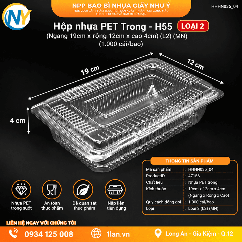 Hộp nhựa PET Trong - H55 (Ngang 19cm x rộng 12cm x cao 4cm)(L2) (MN) (1.000 cái/bao) | HỘP NHỰA TRONG ĐỰNG BÁNH - MỨT | Mã HHHN035_04