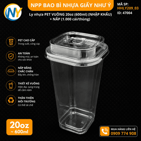 Ly nhựa PET VUÔNG 93-20oz (600ml) (NHẬP KHẨU) + NẮP  (1.000 cái/thùng) | LY NHỰA CỨNG - LY ĐỘC LẠ - LY TRENDING | Mã HHLY209_03 | Tổng kho phân phối đồ dùng 1 lần 1lan.vn