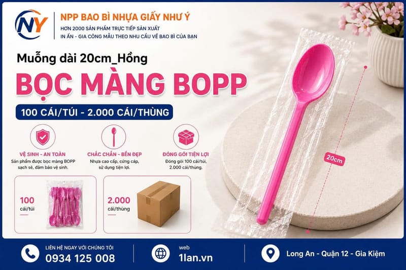 Muỗng dài 20cm Hồng- Bọc màng BOPP (100 cái/túi - 2.000 cái/thùng) | ĐŨA - MUỖNG - DAO - NĨA - XIÊN - TĂM - COMBO Muỗng | Mã HHMG027_06