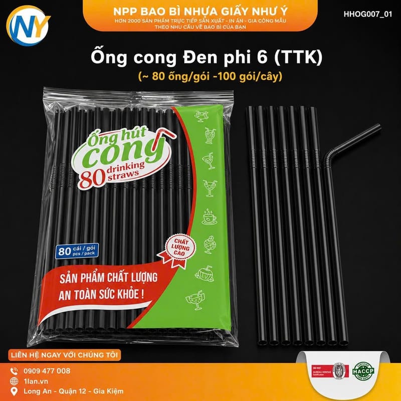 Ống cong Đen phi 6 (TTK) (~ 80 ống/hói -100 gói/cây) | ỐNG HÚT - ỐNG THẲNG/CONG/NHỌN - BỌC MÀNG BOPP | Mã HHOG007_01