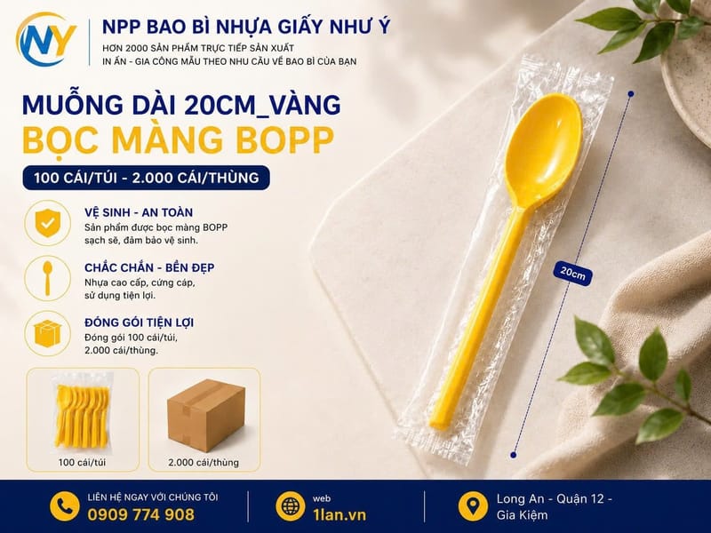 Muỗng dài 20cm Vàng- Bọc màng BOPP (100 cái/túi - 2.000 cái/thùng)