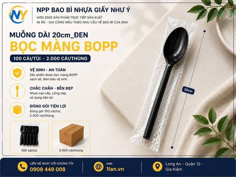 Muỗng dài 20cm Đen- Bọc màng BOPP  (100 cái/túi - 2.000 cái/thùng) | ĐŨA - MUỖNG - DAO - NĨA - XIÊN - TĂM - COMBO Muỗng | Mã HHMG027_07