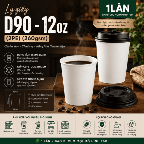 Ly giấy D90 - 12oz (2PE) (260gsm) (BL) - 1000 cái/ thùng | LY GIẤY | Mã TPCP039_01_01 | Tổng kho phân phối đồ dùng 1 lần 1lan.vn