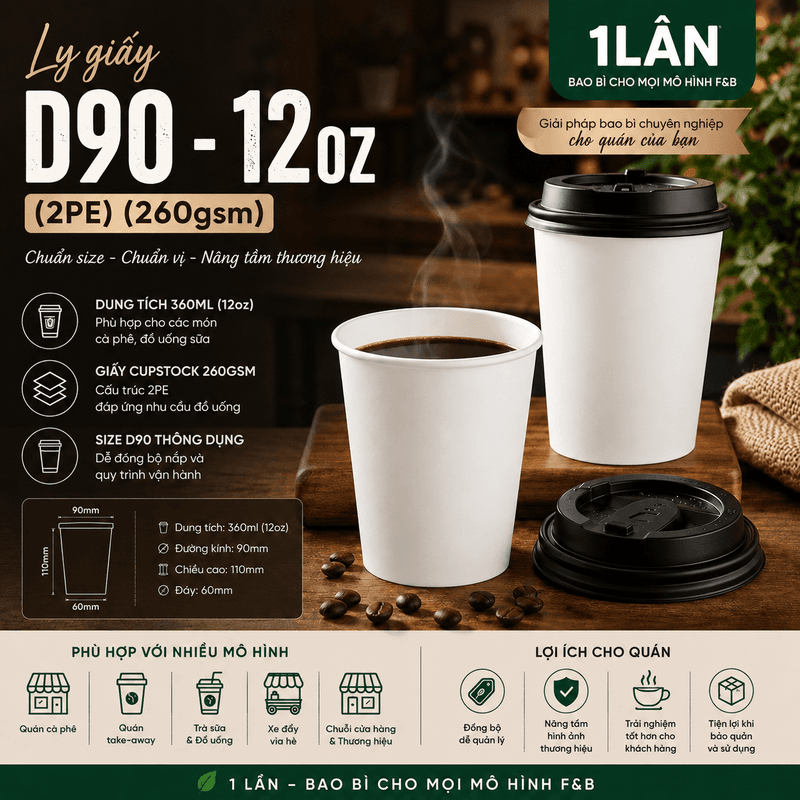 Ly giấy D90 - 12oz (2PE) (260gsm) (BL) - 1000 cái/ thùng | LY GIẤY | Mã TPCP039_01_01