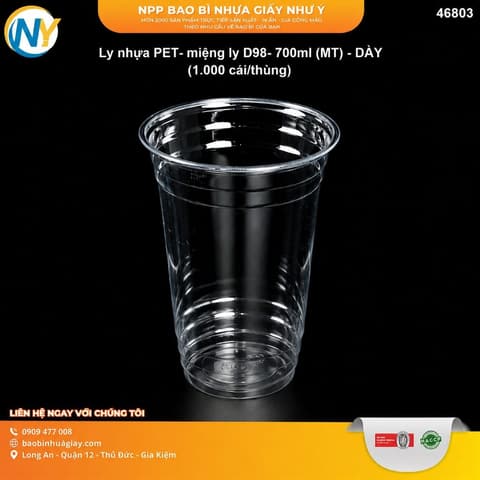 Ly nhựa PET- miệng ly D98- 700ml (MT) - DÀY (B.KEO TRONG) (1.000 cái/thùng) | LY NHỰA PET | Mã HHLY102.NY_03_01 | Tổng kho phân phối đồ dùng 1 lần 1lan.vn