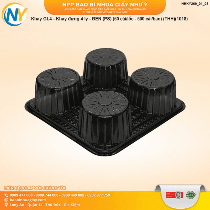 Khay GL4 - Khay đựng 4 ly - ĐEN (PS) (50 cái/lốc - 500 cái/bao) (THH)(1018) | KHAY NHỰA - KHAY LY - GIẤY CHỐNG TRÀN - TÚI ĐỰNG LY - TÚI T | Mã HHKY269_01_06
