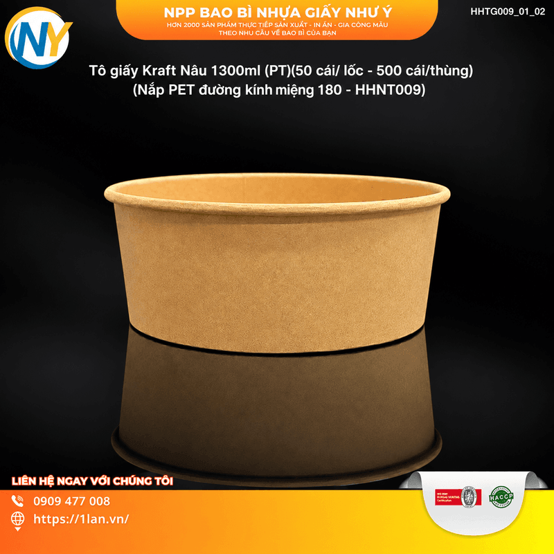 Tô giấy Kraft Nâu 1300ml (PT)(50 cái/ lốc - 500 cái/thùng) (Nắp PET đường kính miệng 180 - HHNT009) | TÔ GIẤY - TÔ CHÁO - TÔ PHỞ TÔ ĐỰNG MÓN NƯỚC - NẮP TÔ GIẤY | Mã HHTG009_01_02