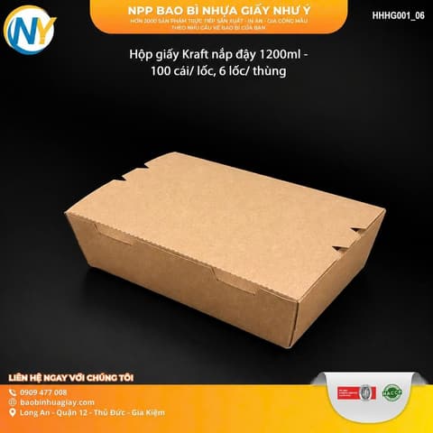 Hộp giấy Kraft nắp đậy 1200ml - 100 cái/ lốc, 6 lốc/ thùng | Tổng kho phân phối đồ dùng 1 lần 1lan.vn