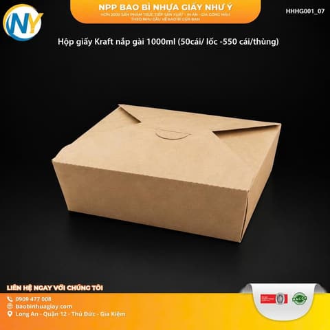 Hộp giấy Kraft nắp gài 1000ml  (50cái/ lốc -550 cái/thùng) | HỘP GIẤY - TÚI GIẤY NGÀNH BÁNH NGỌT- BÁNH MÌ - FASTFOOD - GÀ RÁN | Mã HHHG001_07 | Tổng kho phân phối đồ dùng 1 lần 1lan.vn