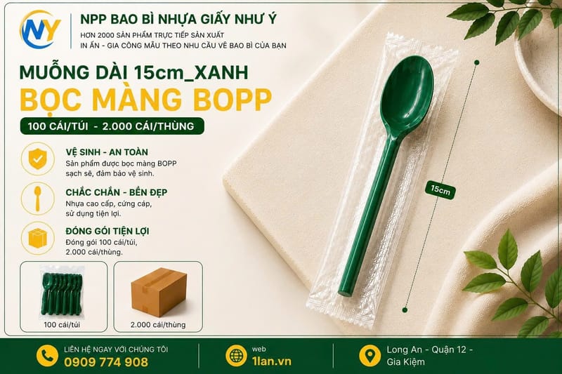 Muỗng dài 15cm Xanh- Bọc màng BOPP (100 cái/túi - 2.000 cái/thùng)