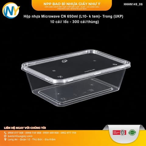 Hộp nhựa Microwave CN 650ml (L10- k tem)- Trong (UKP)  10 cái/ lốc - 300 cái/thùng) | HỘP NHỰA VUÔNG | Mã HHHN149_06 | Tổng kho phân phối đồ dùng 1 lần 1lan.vn